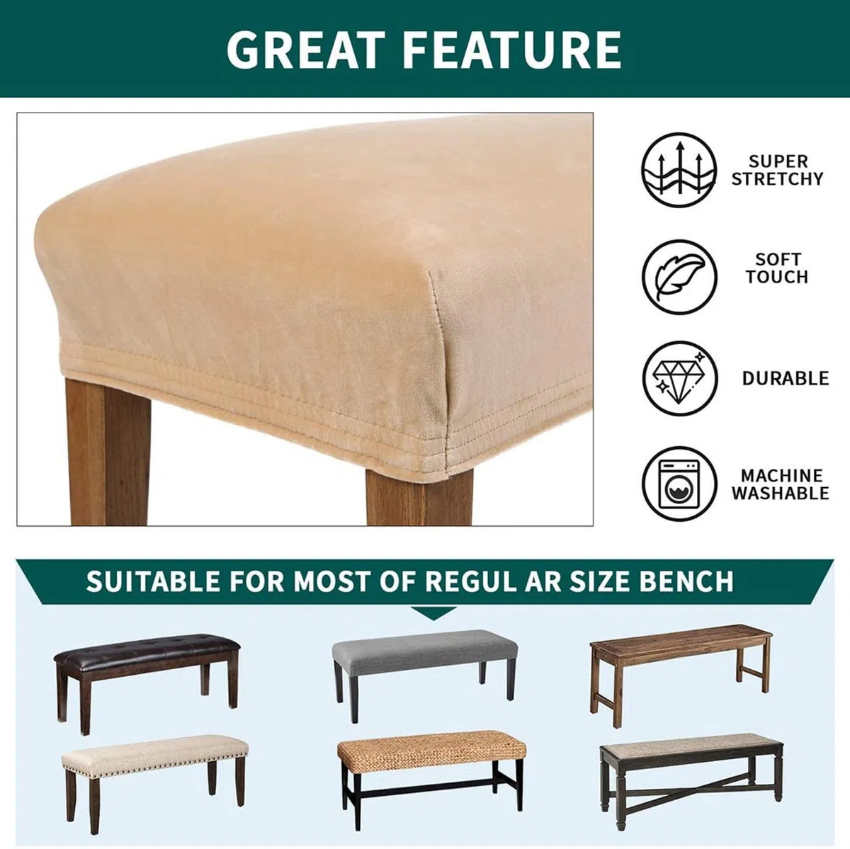 Terciopelo Cubierta De Banco Elástica, Antideslizante Suave Funda De Banco Extraíble Lavable Protector De Muebles para Sala De Estar, Cocina, Dormitorio-Blanco-Universal
