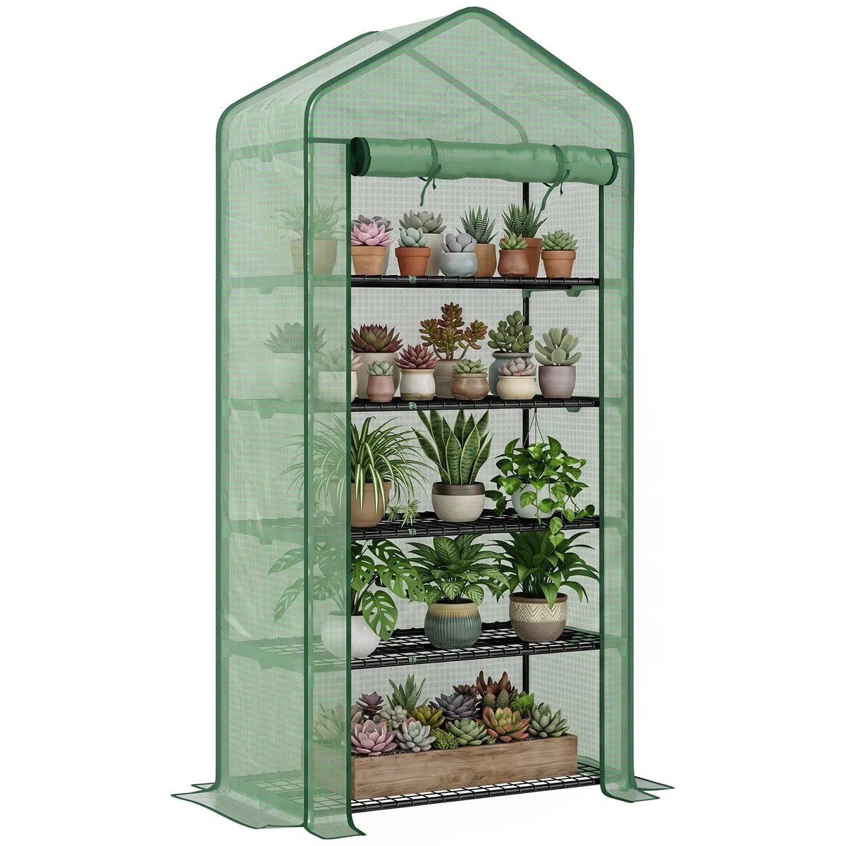 Outsunny Invernadero de Jardín de 5 Niveles Invernadero Pequeño Exterior con Puerta Enrollable con Cremallera Anti-UV Diseño Ensanchado y Estantes para Cultivo de Plantas Flores 90x49x193cm Verde