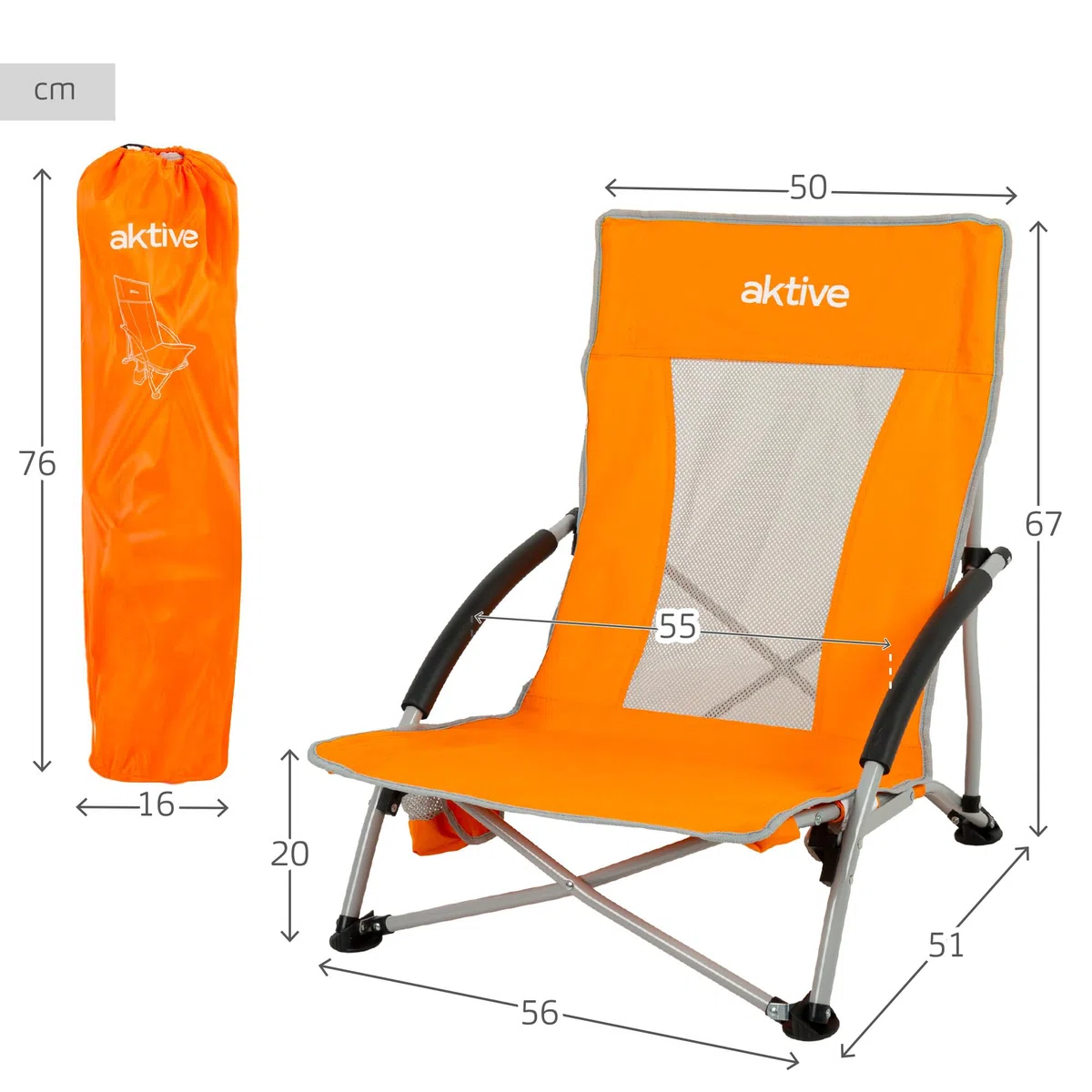 AKTIVE Silla plegable de playa, Tejido poliéster y estructura acero, Azul, Medidas 50 x 51 x 67 cm, Máx. 110 kg, Respaldo transpirable, Incluye funda y posavasos, Ligera y fácil de transportar (62636)