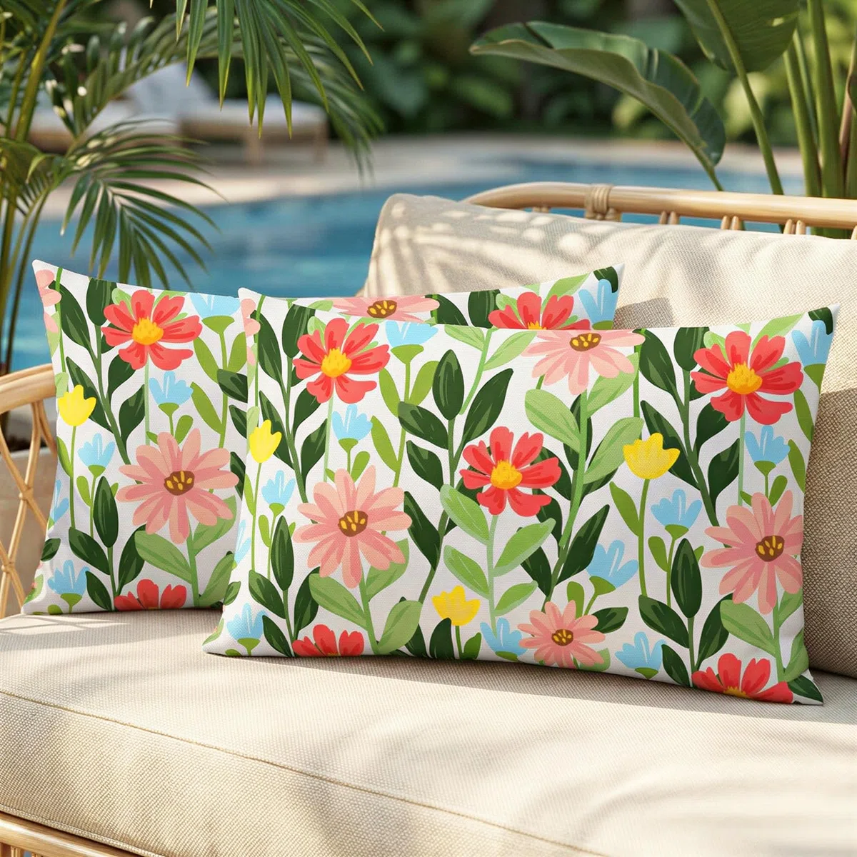 Lewondr Fundas de Cojín al Aire Libre, 2 Piezas Fundas para Almohada Impermeables Florales de Primavera-Verano, Fundas de Cojín Decorativas Rectangulares Exteriores para Jardín, 30x50cm