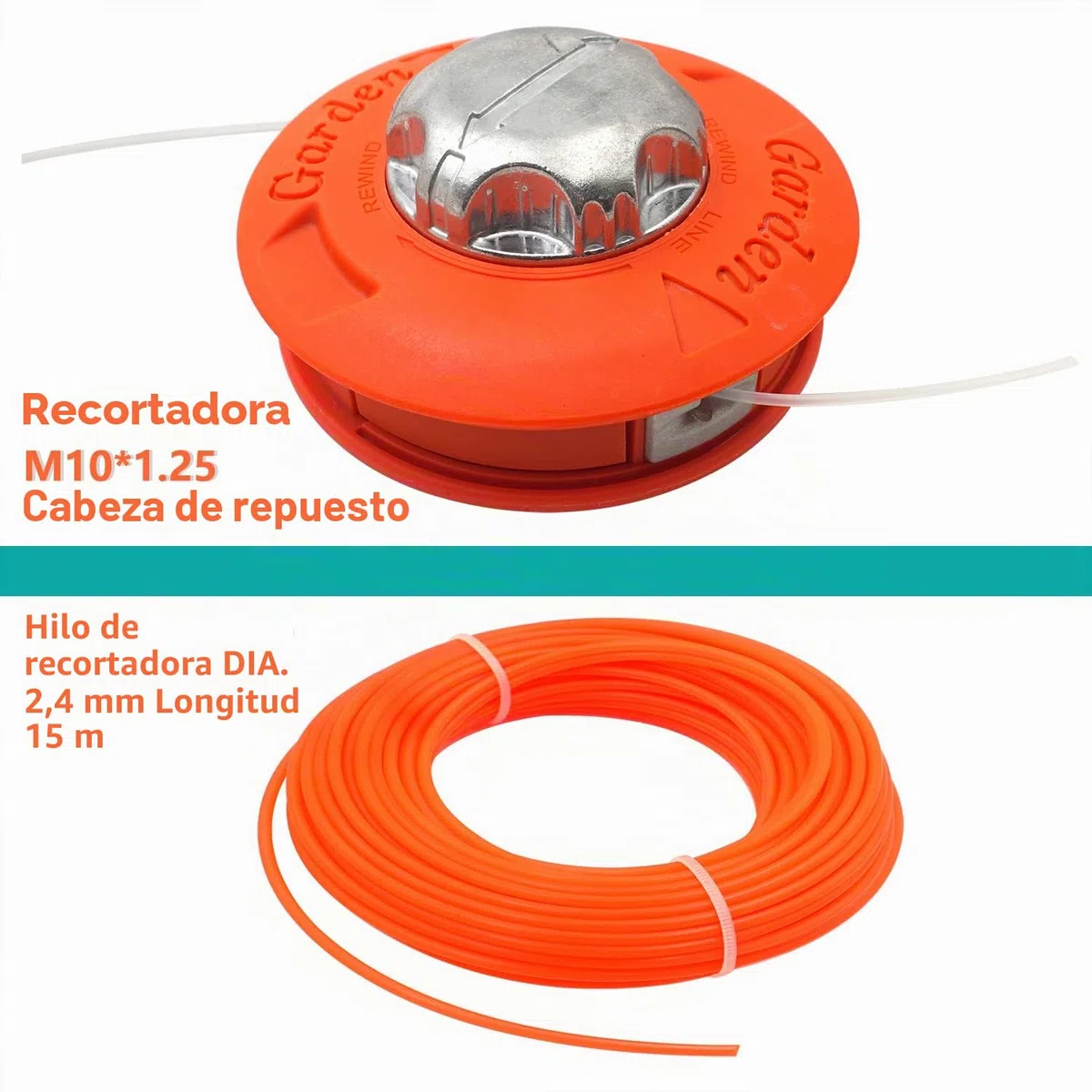Cabezal de bobina de repuesto M10 x 1,25 mm para desbrozadora, cable izquierdo con hilo de 15 m x 2,4 mm, color naranja