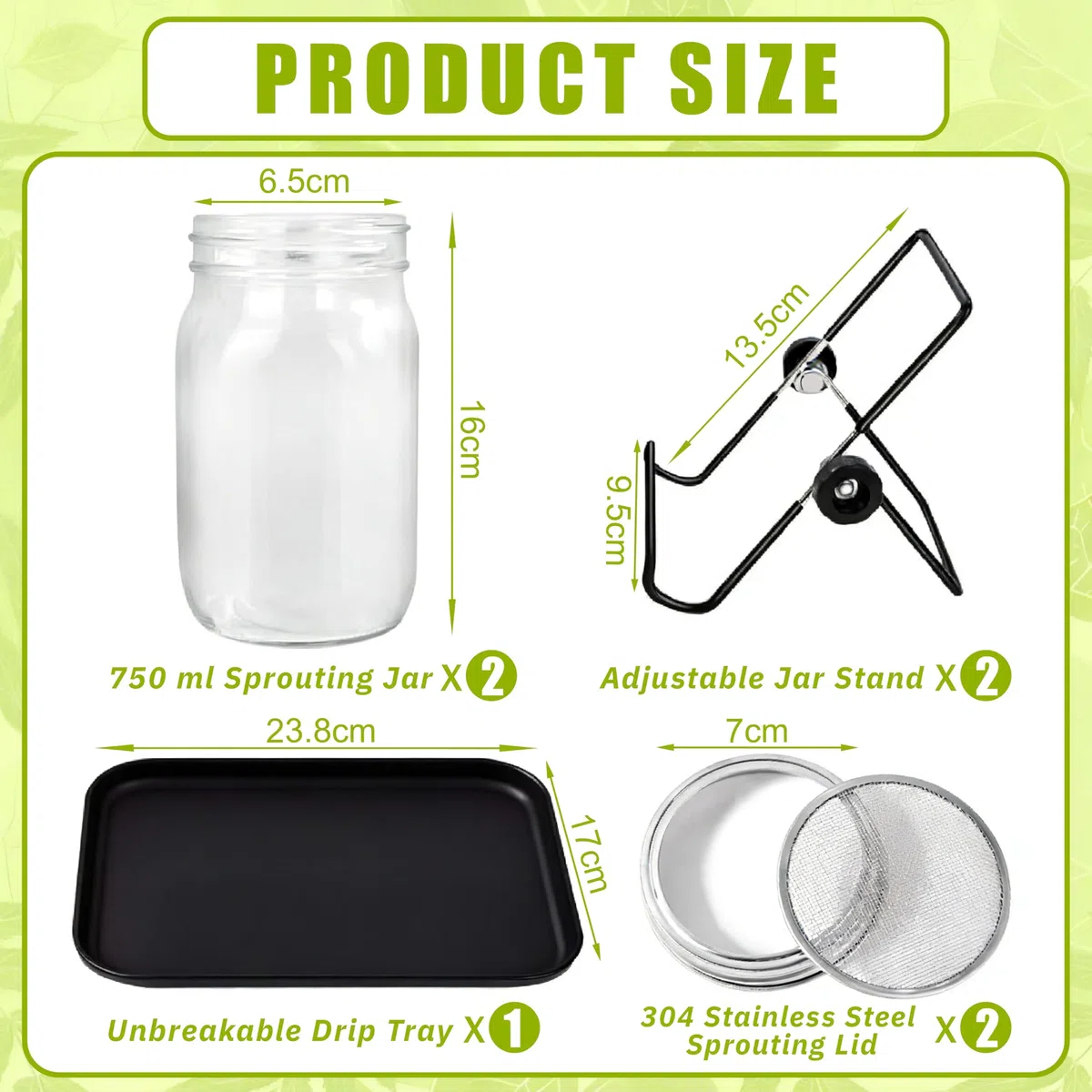 Lote de 2 macetas de germinación 750 ml + Plato, macetas de germinación de Vidrio para Semillas, Tapas de Malla Inoxidable 304, Kit de germinación doméstica Saludable y ecológica