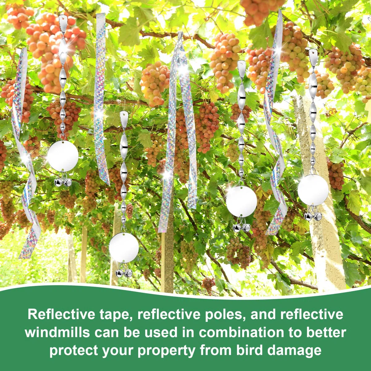 15 piezas de juego de ahuyentadores de pájaros reflectantes 10 piezas de espiral de viento antipájaros, 4 piezas de molinos de viento antipájaros con cinta para pájaros 2,4CM x80M Juego de espiral de