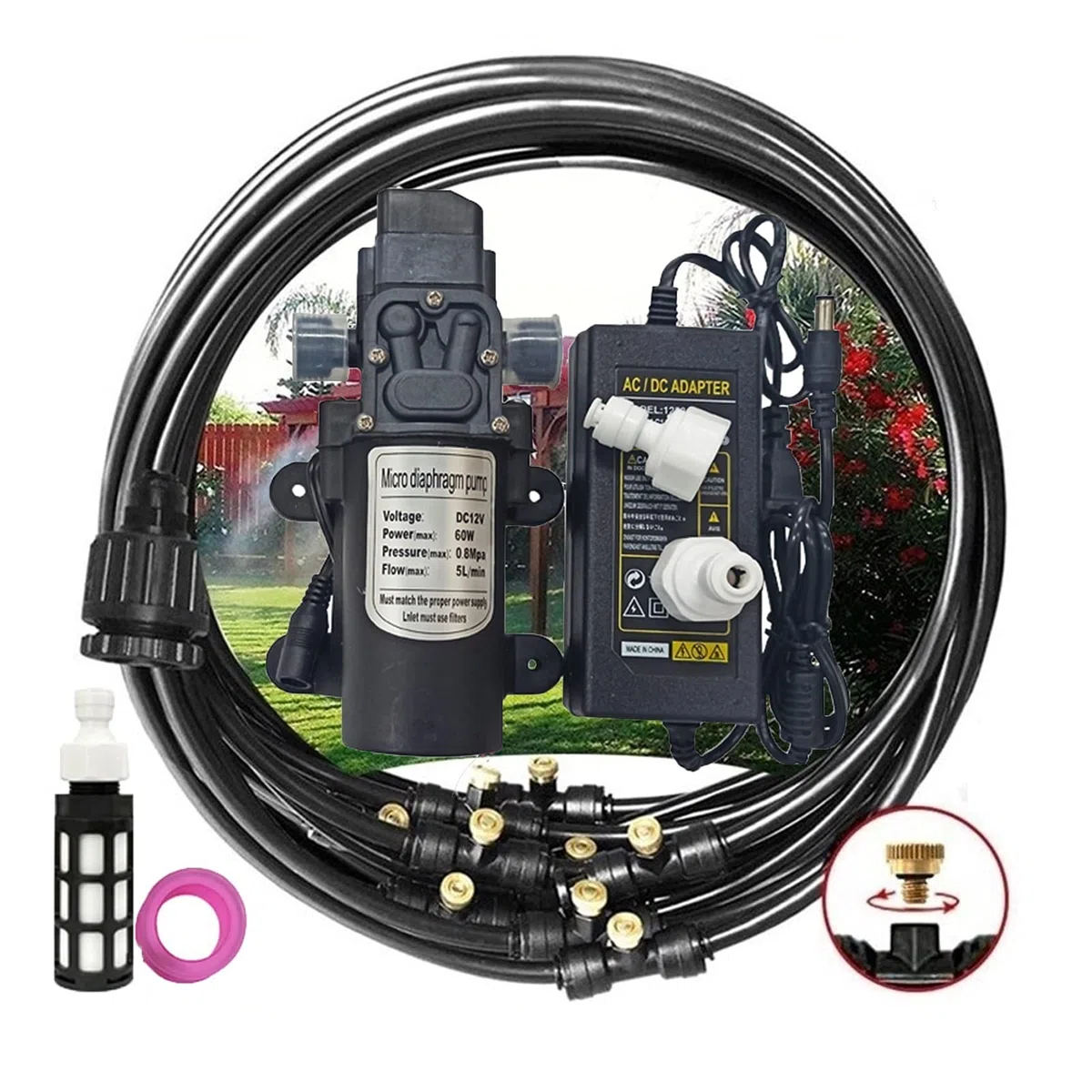 Kit Nebulizadores para Terrazas con bomba de 12V, Sisteme de Nebulizacion | para Exteriores jardín Pergola, Kit de Sisteme de Enfriamiento por Nebulización, DIY Automático Riego para Invernaderos