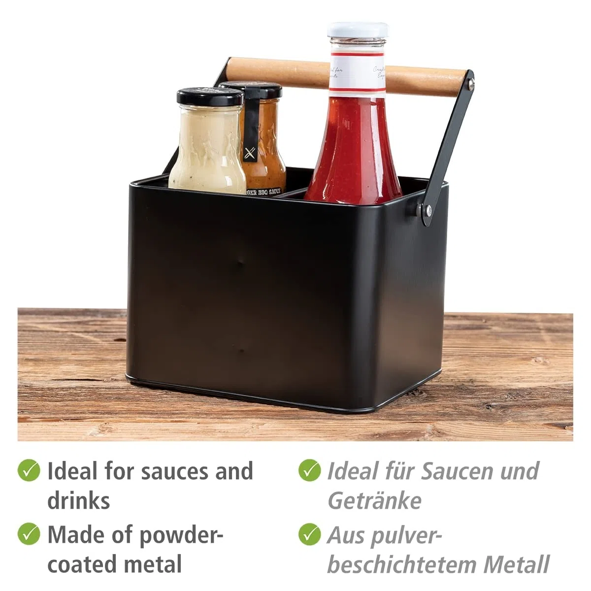 WENKO Cesta de utensilios Baco, accesorio Black Outdoor Kitchen, cesta de transporte robusta fabricada de metal negro recubierto de polvo y asa de madera flexible, ideal para salsas, 18 x 25,5 x 15 cm