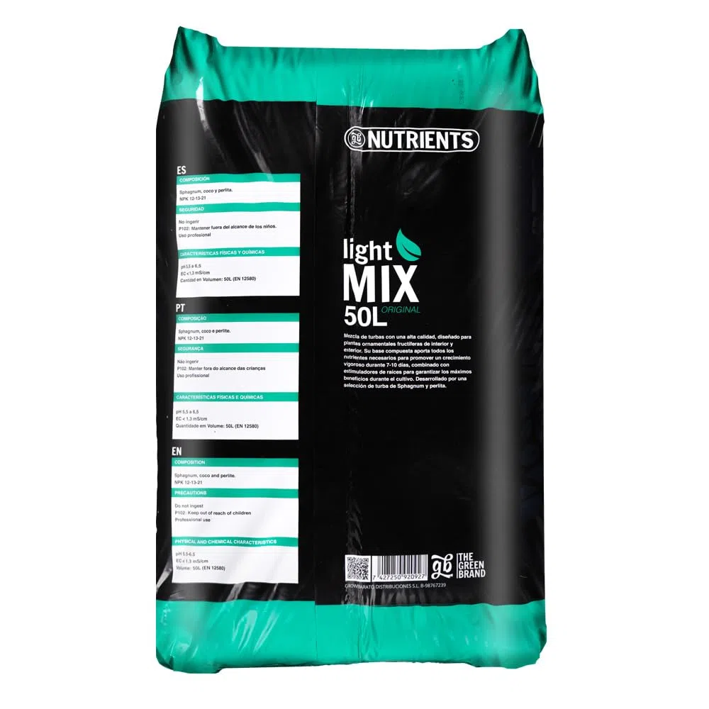 Light Mix GB Nutrients | Sustrato Universal con Turba, Fibra de Coco y Perlita- Tierra para Plantas y Cultivos - 50 L
