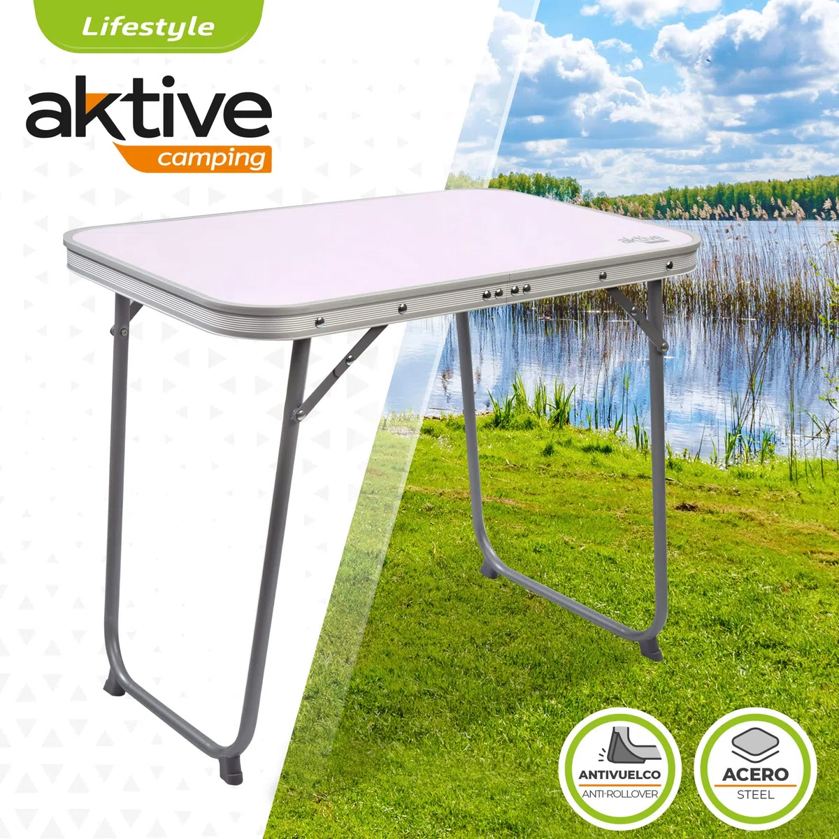 AKTIVE Mesa camping plegable, Mesa ligera, patas plegables, medidas 60x40x50 cm, madera MDF, estructura de acero, color malva, asa de transporte (52870)