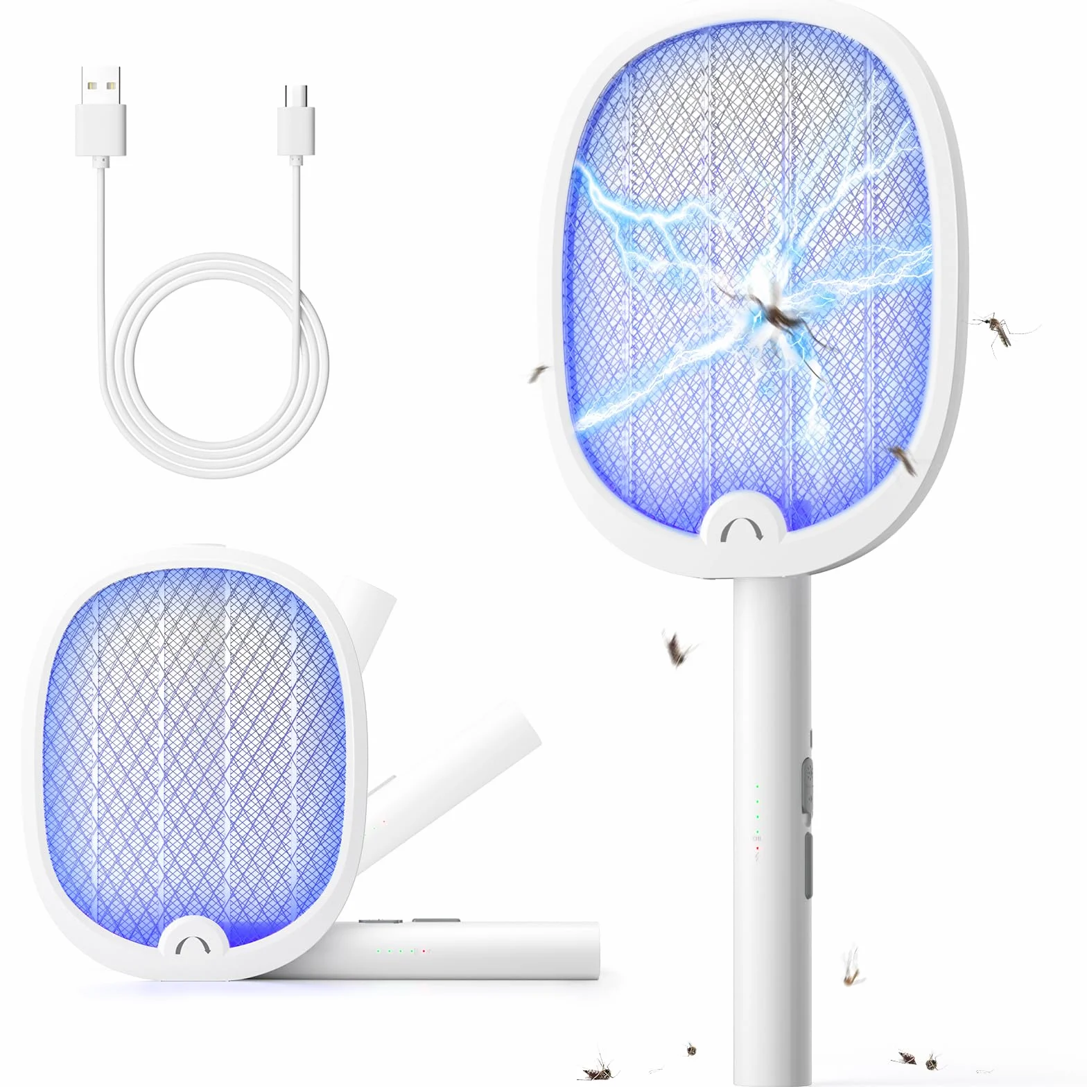 YISSVIC Raqueta Mosquitos Electrica Mata Mosquitos Electrico Plegable 2 en 1 4000V 1800mAh USB-C Recargable Matamoscas Electrico de Luz UV Blanco