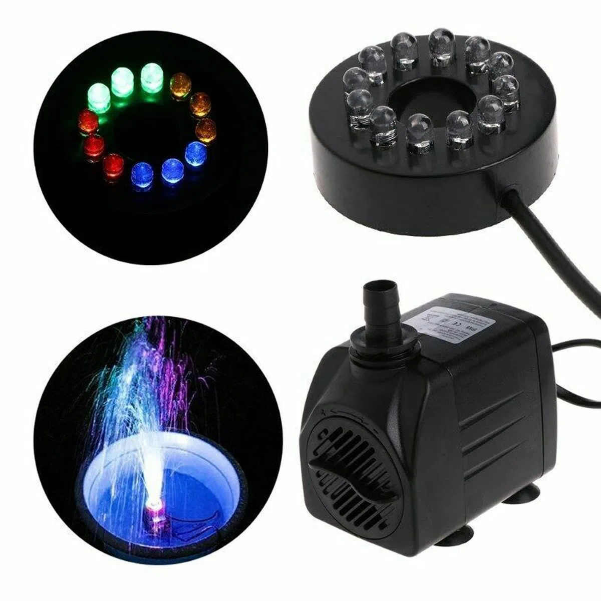 Bomba de estanque Bomba de agua de fuente eléctrica con 12LED Luz Estanque Jardín Piscina Bomba sumergible 15W(EU PLUG)
