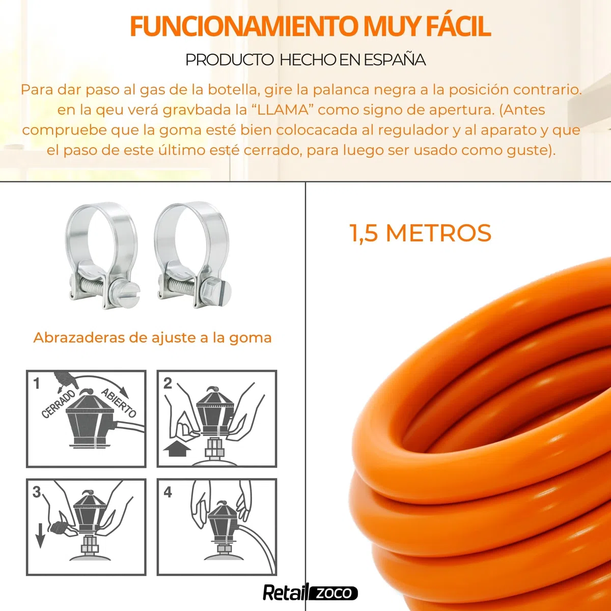 Kit completo butano, Regulador de gas butano + Tubo Goma 1,5 metros + 2 abrazaderas seguridad, Homologado ,Apto para cocinas, estufas gas, calderas, catalíticas, barbacoas, paelleras, calentadores