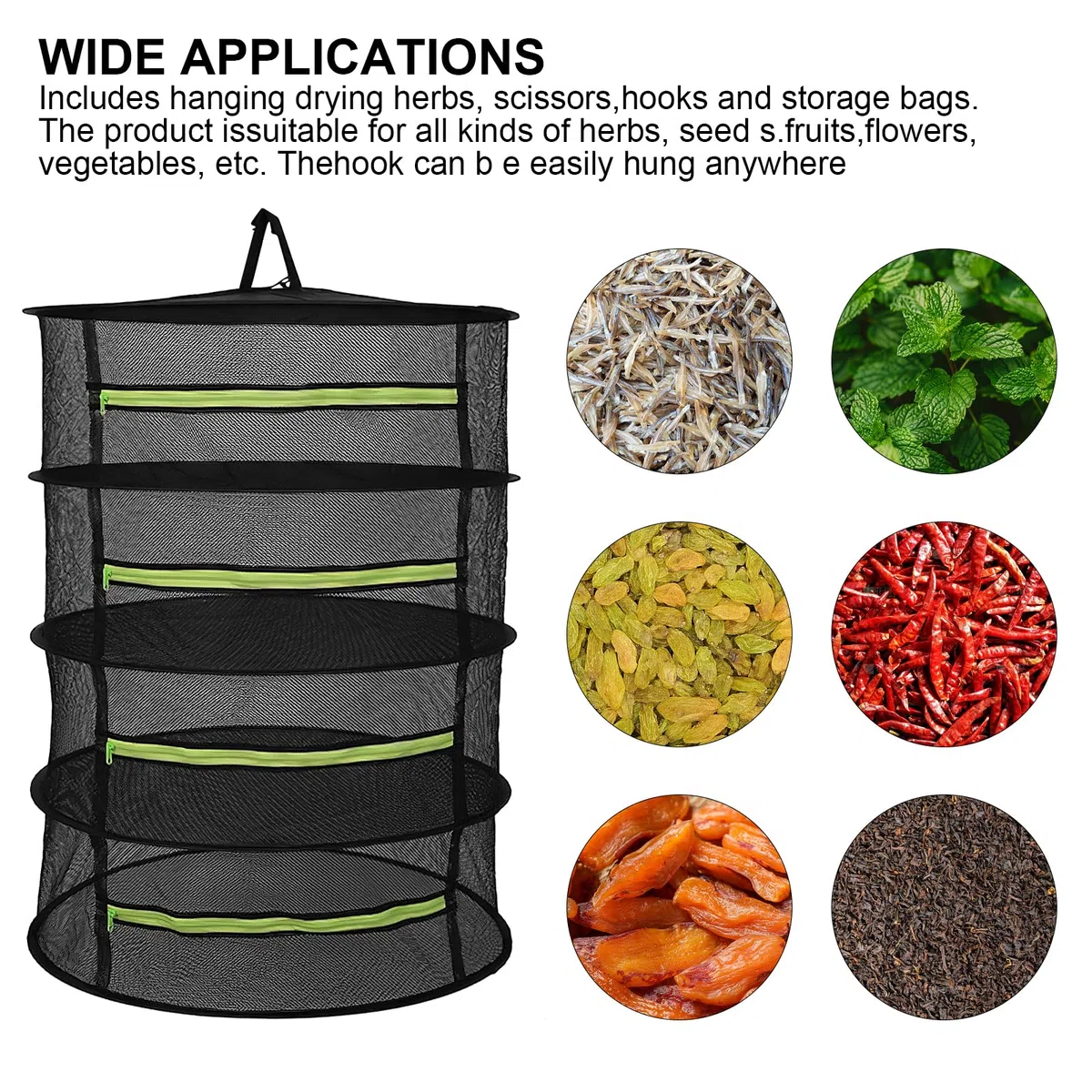HENGBIRD Red de secado para hierbas, 4 capas, secador de hierbas, plantas, estante de secado colgante, cremallera plegable para colgar, red de secado plegable para plantas, especias, verduras (4 capas