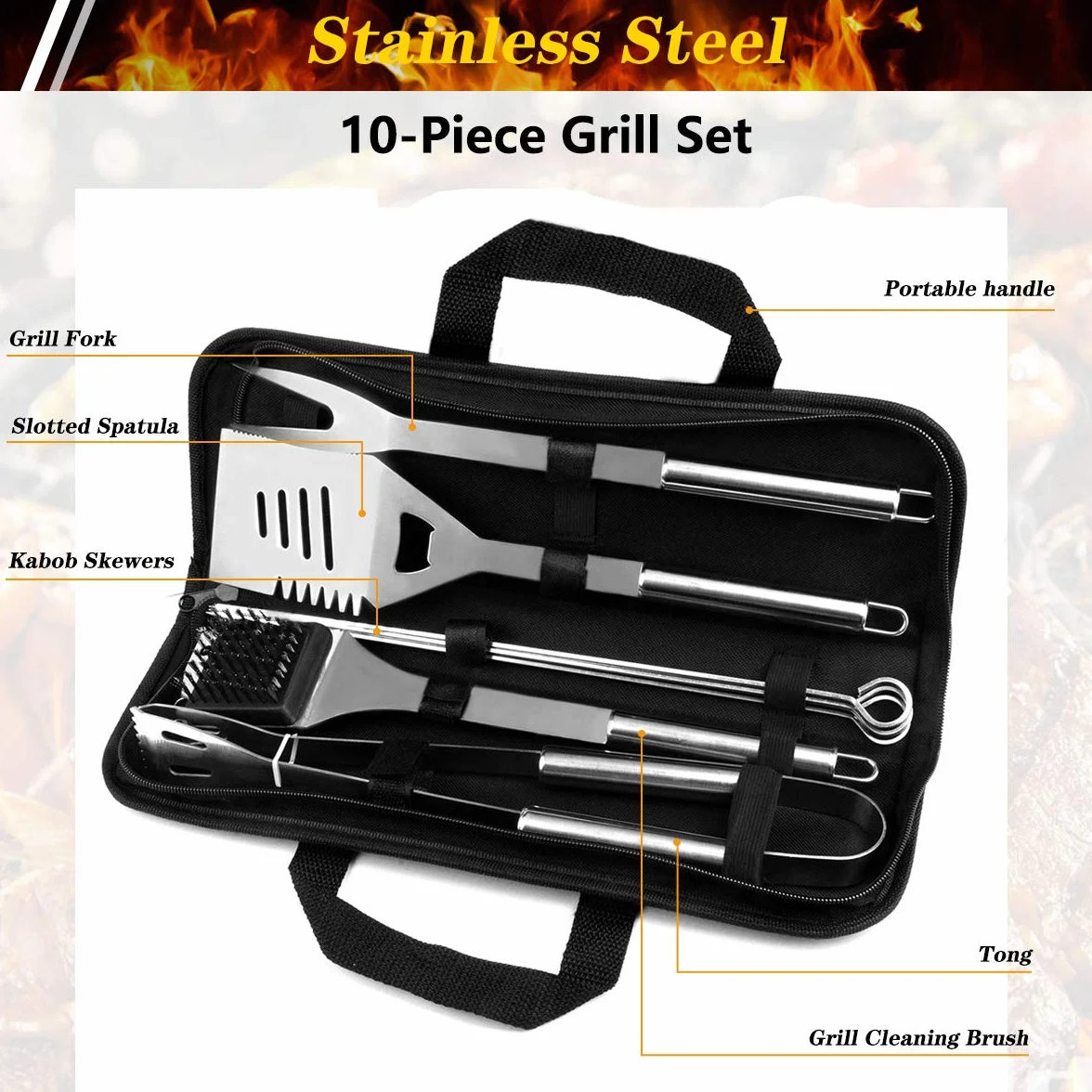 QH - Juego de Herramientas para Barbacoa, 10 Piezas, Accesorios de Barbacoa de Acero Inoxidable con Bolsa