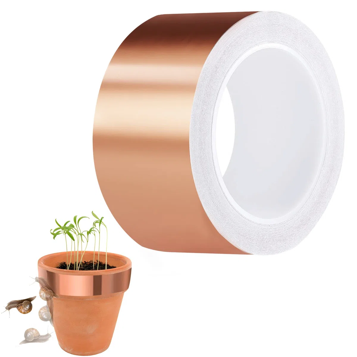 Nepfaivy Cinta de Cobre para Caracoles - Cinta de Cobre Adhesiva 50 mm x 20 m, Barrera Física para Babosas en Macetas, Parterres y Huerto, Lámina Conductora para Guitarra y Manualidades