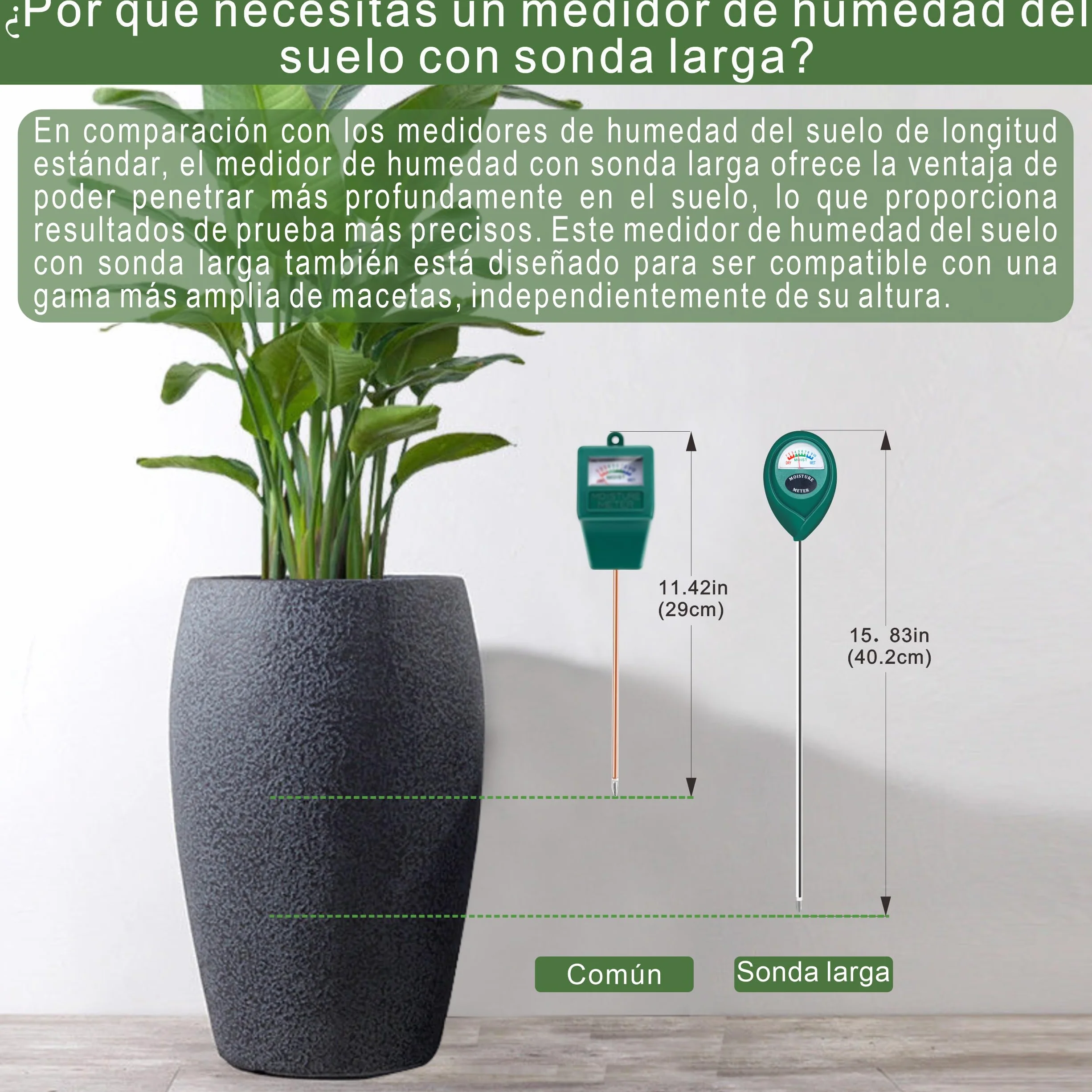 XLUX Medidor de Humedad de Suelo de Uso Profundo de sonda Larga, Sensor indicador de Monitor de Agua, higrómetro para Plantas de Maceta Grandes de Libre, Flores, jardinería, Paquete de 2