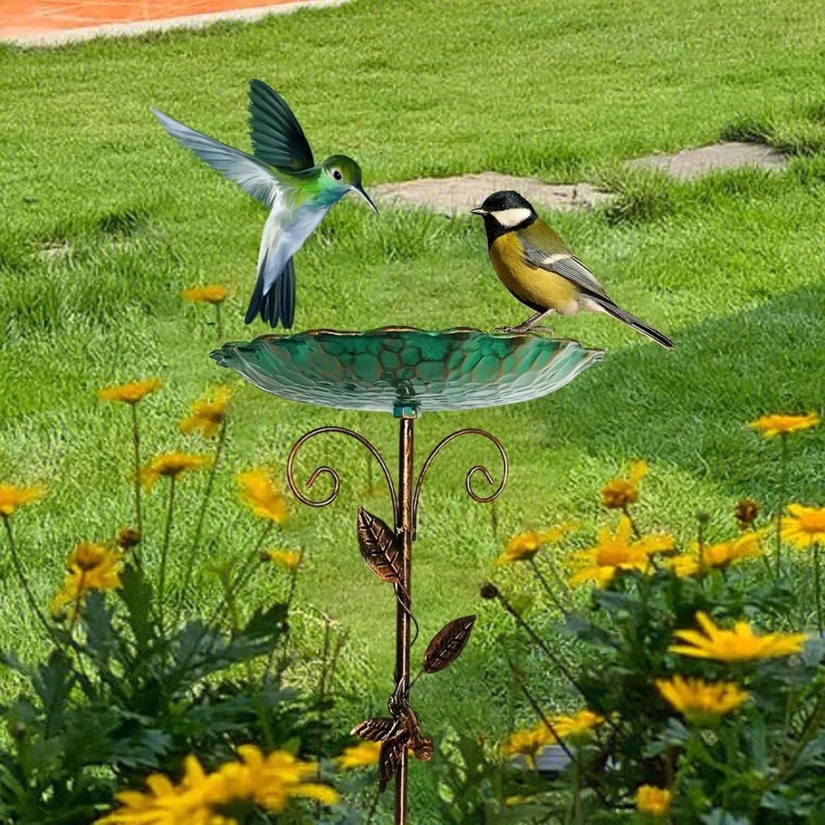 HIQE-FL Comedero para Pájaros,Bebedero para pájaros 25x25x77cm,Baño para Pájaros,Comedero Pájaros Exterior,Decoración de Jardín,Baño de Metal para Pájaros,Gran Bebedero,para Jardín,Balcón,Baño