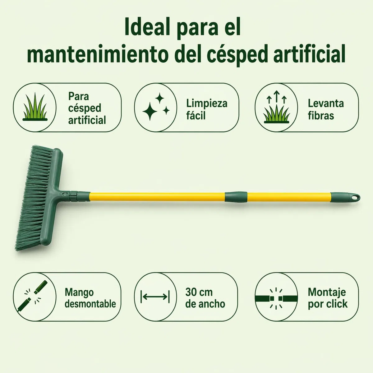 Cepillo para Césped Artificial con Mango Desmontable por Click – Cepillo Manual para Peinar, Limpiar y Levantar Fibras del Césped Sintético
