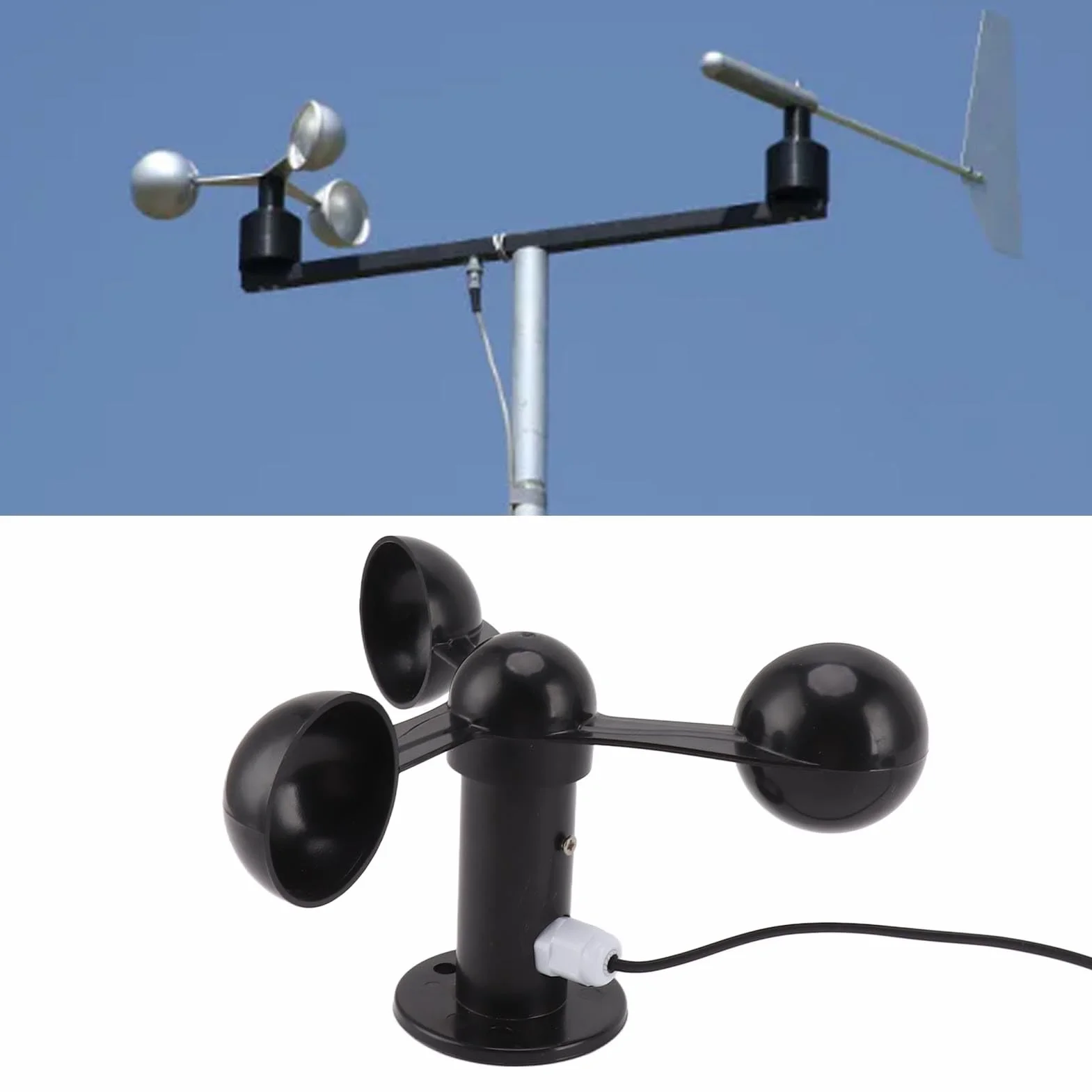 Sensor Anemómetro con Sensor de Viento de 3 Tazas con Cable Impermeable de 8 M, Antiinterferencias, Ampliamente Utilizado, Fácil Instalación para Medición de Viento Al Aire Libre