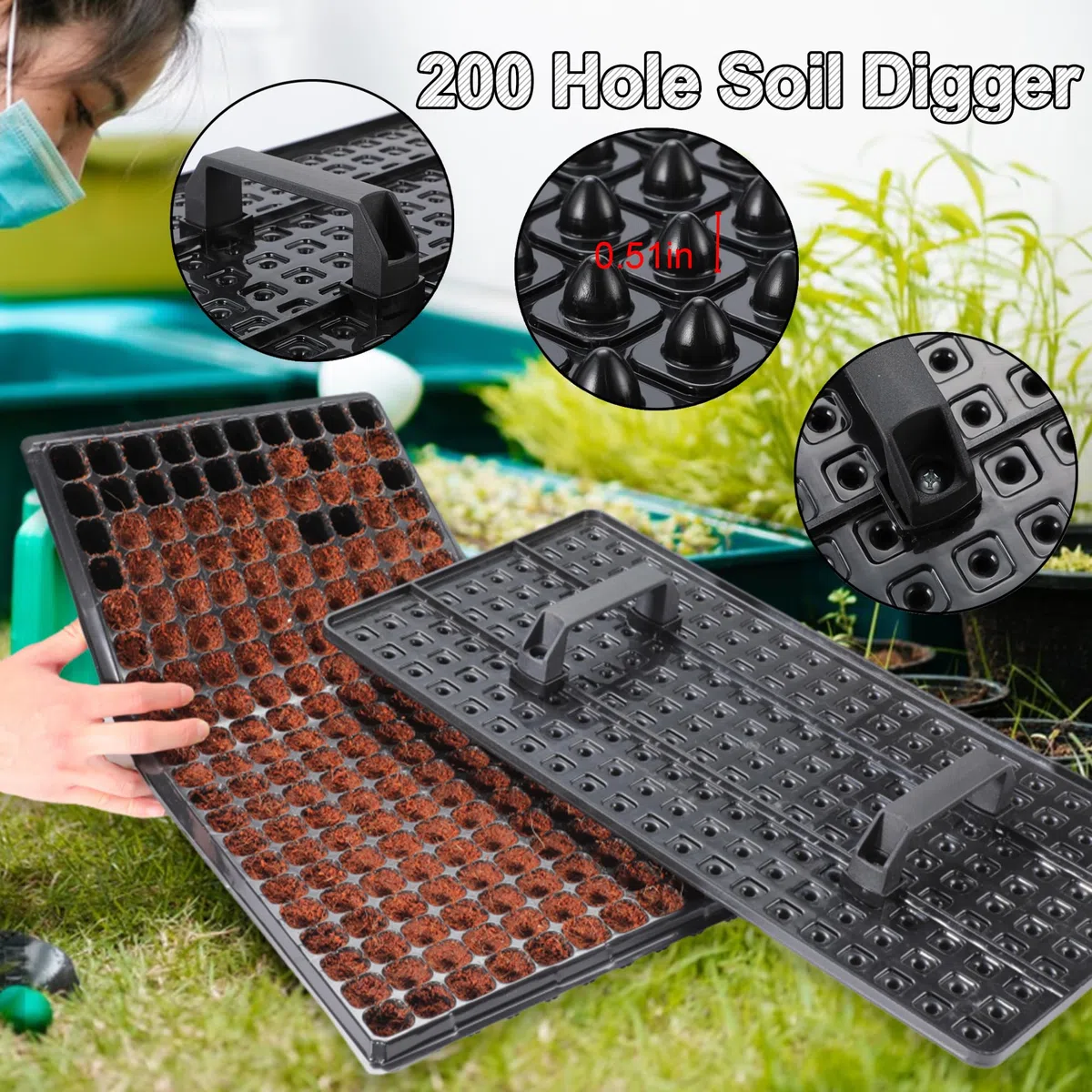 Bandejas de inicio de semillas de 200 celdas con escurridor, paquete de 20 bandejas reutilizables para propagación de germinación, excavadora de tierra de 200 agujeros para colocar