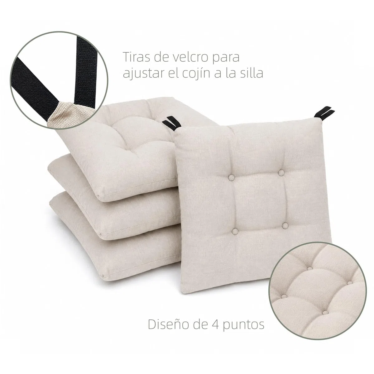 MERCURY TEXTIL- Pack de 2 Cojines para Silla 40x40x8cm Acolchados, Relleno de Copos de Poliuretano con Cintas de Sujeción Antideslizantes, Interior y Exterior. Fabricado en España(Pack 2, Beige)