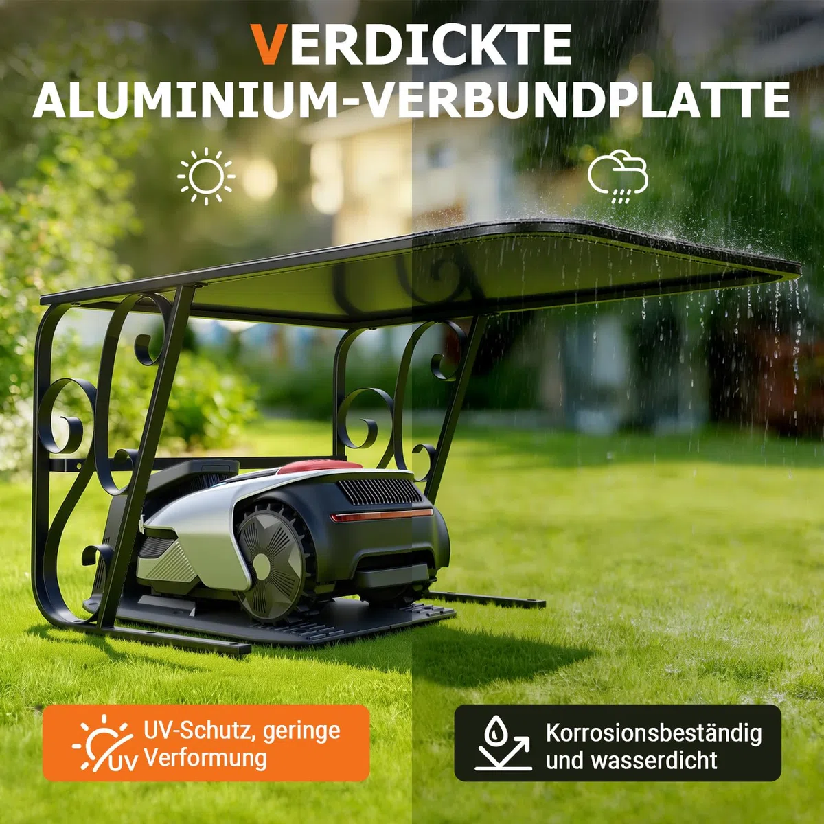 Garaje para robot cortacésped, 80 x 56 x 43 cm, casa de lluvia para robot cortacésped de placa compuesta de aluminio, resistente a la intemperie y a la corrosión, para jardín y exterior