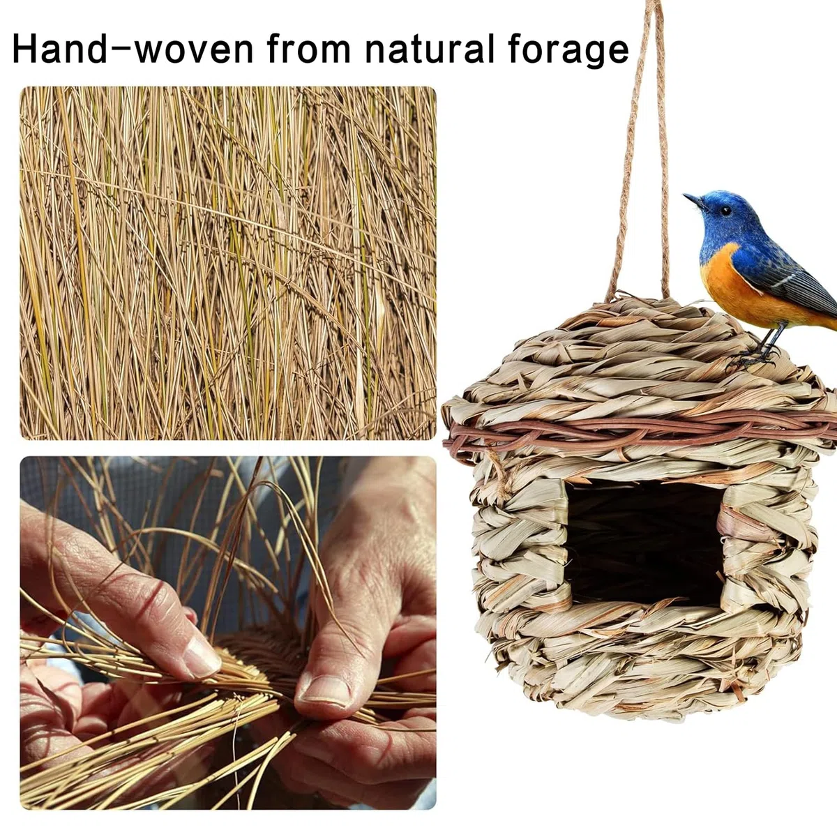 2 Piezas Nido de Pájaros Tejidas a Mano para Exterior, Casita de Paja para Colibríes, Gorriones y Otras Aves Pequeñas