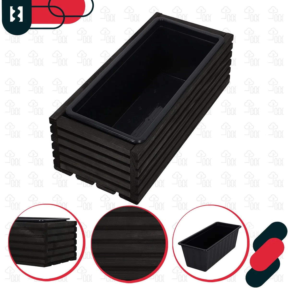 KOTARBAU Jardinera de madera de 44 x 20 cm con maceta interior para balcón, color negro, maceta para balcón, maceta, macetero, macetero, jardinera, exterior, balcón, jardín, terrazas, caja con inserto