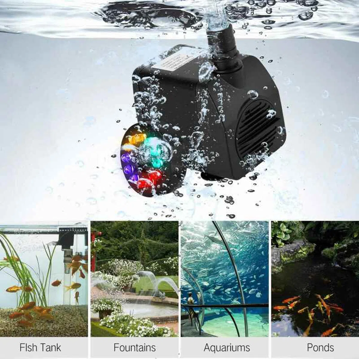 Bomba de estanque Bomba de agua de fuente eléctrica con 12LED Luz Estanque Jardín Piscina Bomba sumergible 15W(EU PLUG)