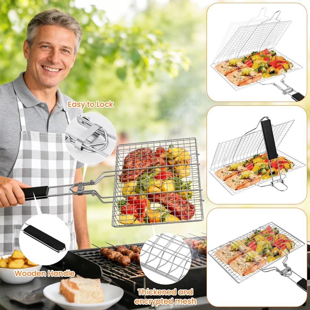 Cesta para Asar a la Parrilla, 304 Parrilla Acero Inoxidable para Asar con Bolsa y Cepillo, con Mango de Madera Desmontable, para Pescado, Carne, Verduras, Asado, Camarón, etc(33.5cm×22cm)