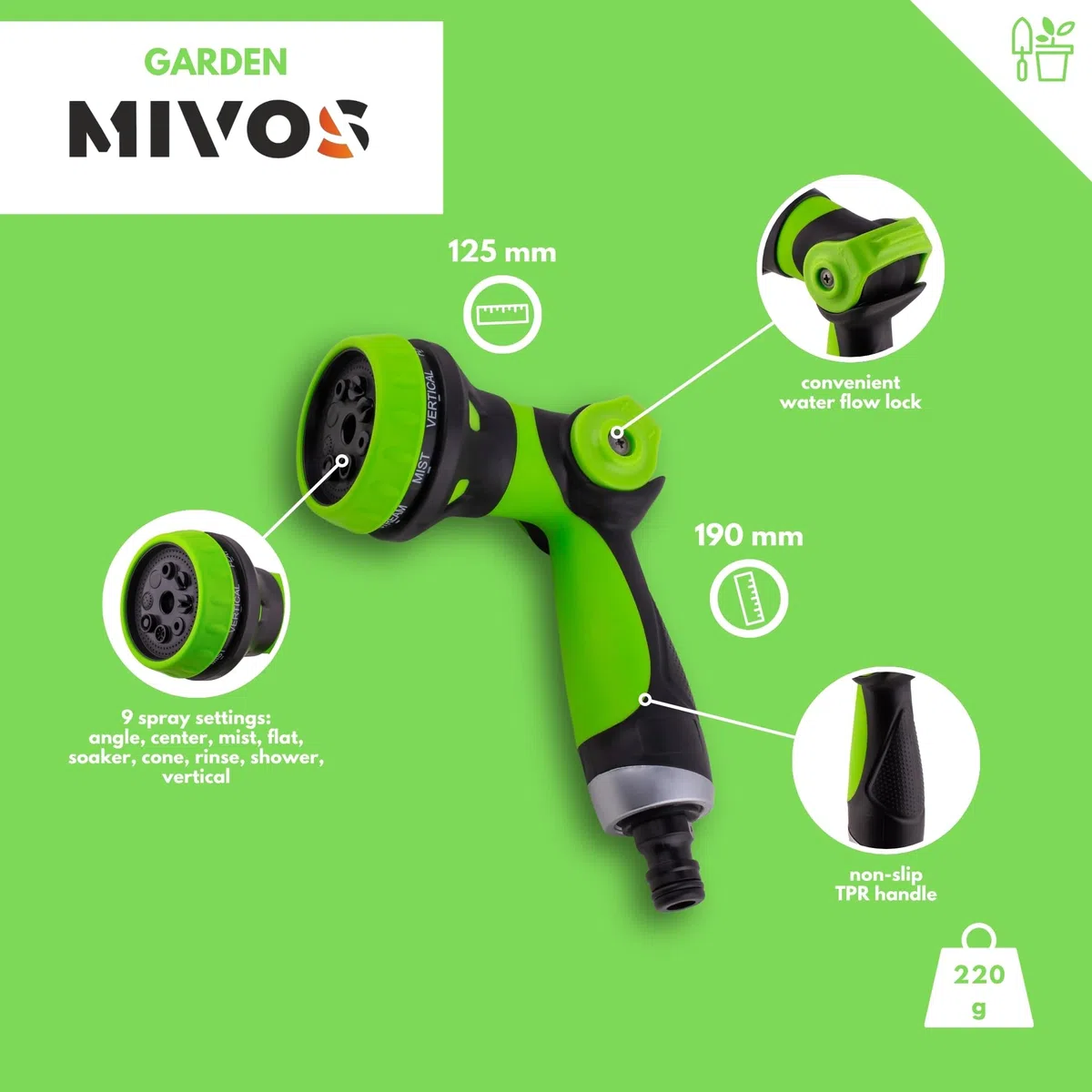 MIVOS Ducha de Jardín con 9 Funciones - Pistola de Jardín Premium para Riego y Limpieza - Ducha de Jardín ajustable - Pistola de Riego - Ducha de Mano - Boquilla rociadora
