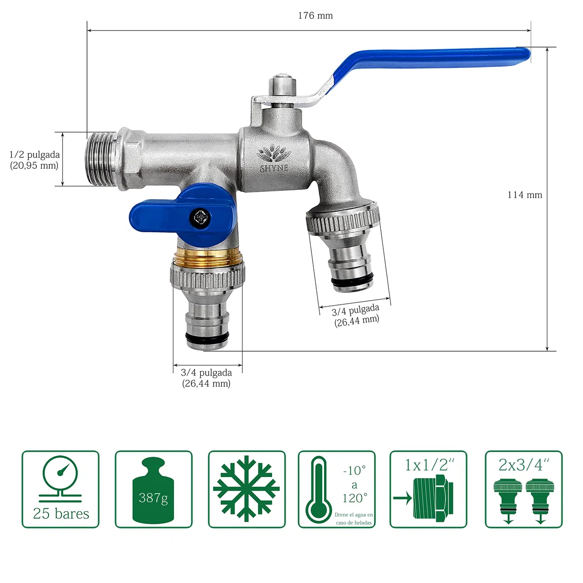SHYNE Grifo Doble de Calidad de Latón de 1/2 '' Pulgada - Resistente al Óxido y las Heladas + 2 Conexiones de Manguera + E-Book | Para Jardín, Lavadora, Barril de lluvia