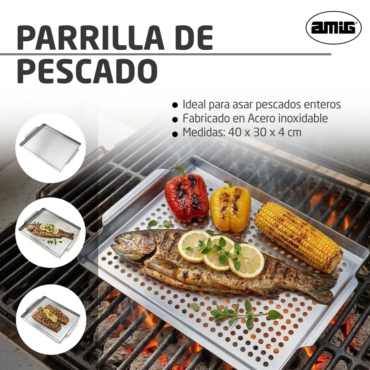 Amig - Bandeja para Asar Pescado en Barbacoa - 40 x 30 x 4 cm - Fabricado en Acero Inoxidable - Evita Que el Pescado se Rompa o cuele por la Parrilla - Mod. AM08