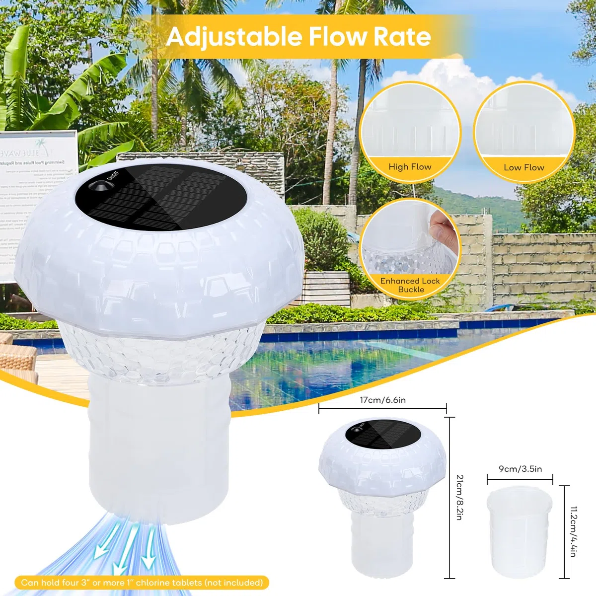 Dispensador Cloro Piscina Flotante con Luz Solar Flotador Cloro para Piscinas Luces Solares Piscina Flotantes Impermeable IP68 Lámparas Solares Piscina para Jacuzzi SPA Decoración para Fiesta